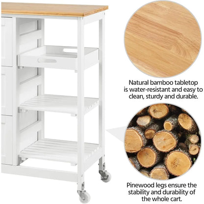 Kitchen Island Cart on Wheels with Bamboo Countertop