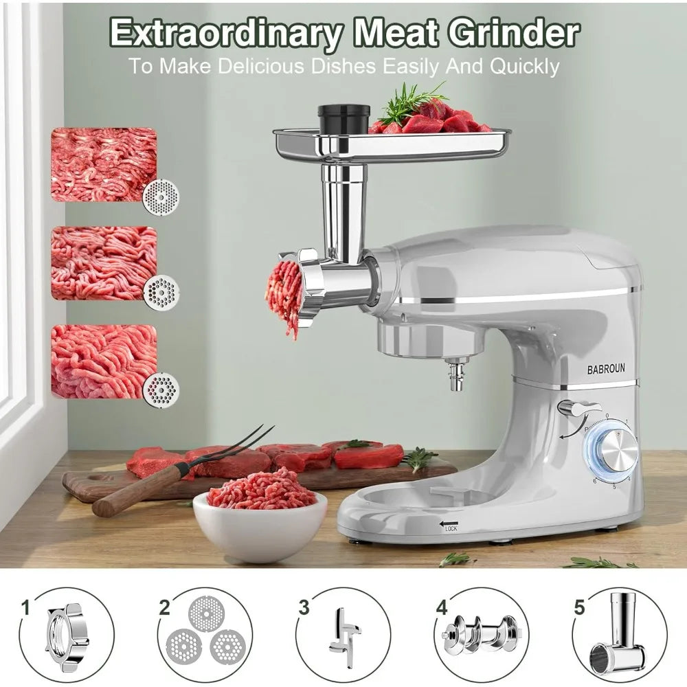 6 IN 1 Multifunctional Electric Kitchen Mixer with 6.5QT Stainless Steel Bowl, 1.5L Glass Jar, Meat Grinder