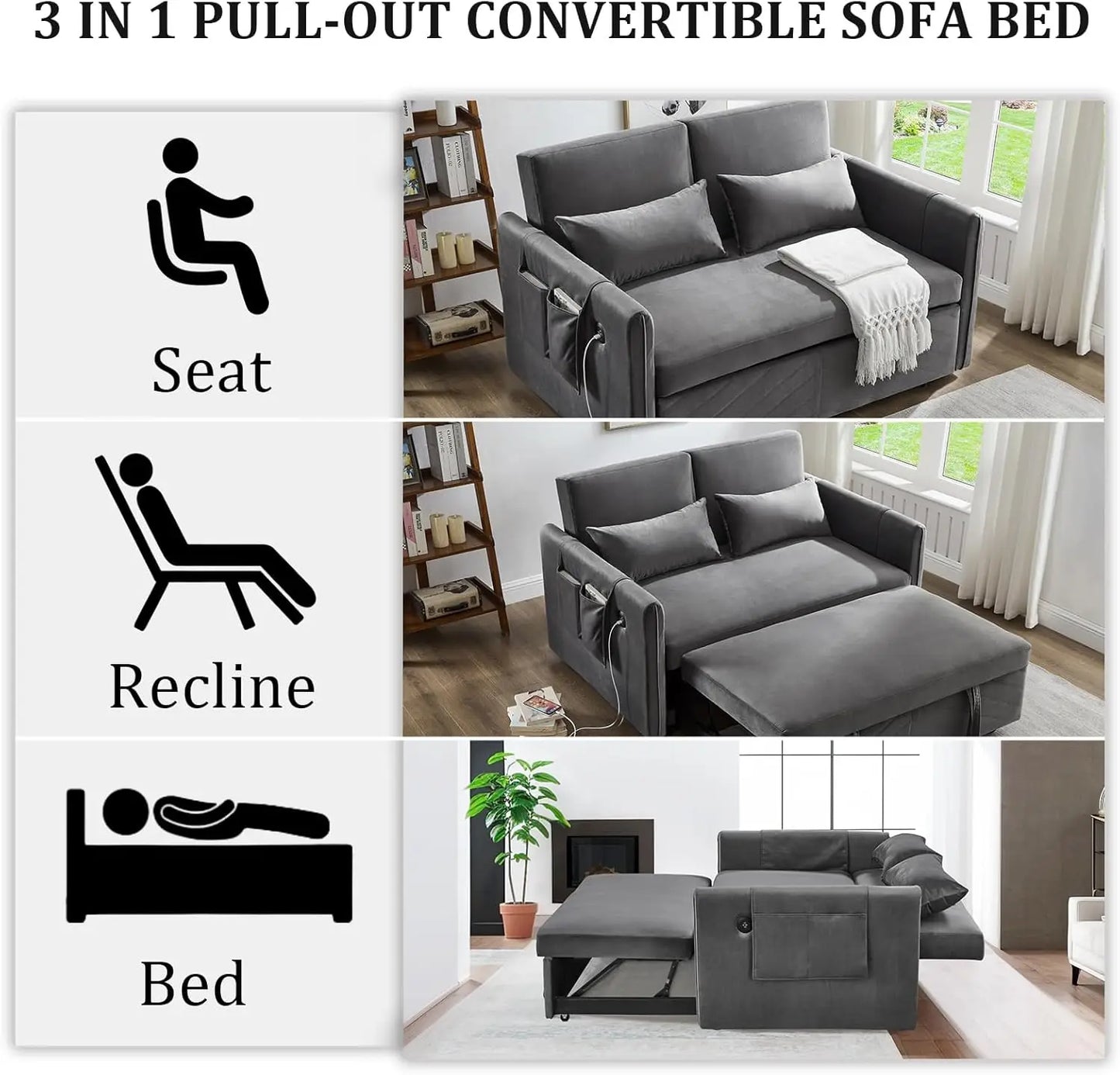 3 in 1 Pull Out Convertible Sofa Bed with USB Ports