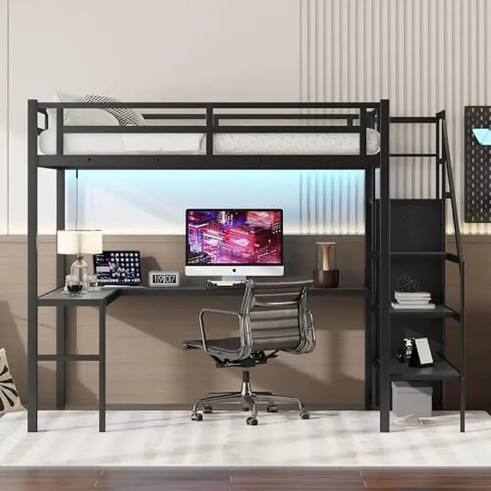 Loft Bed with L-Shaped Desk and LED Lights Charging Station