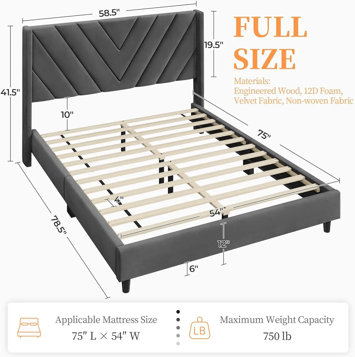 Upholstered Platform Bed with Wing Side