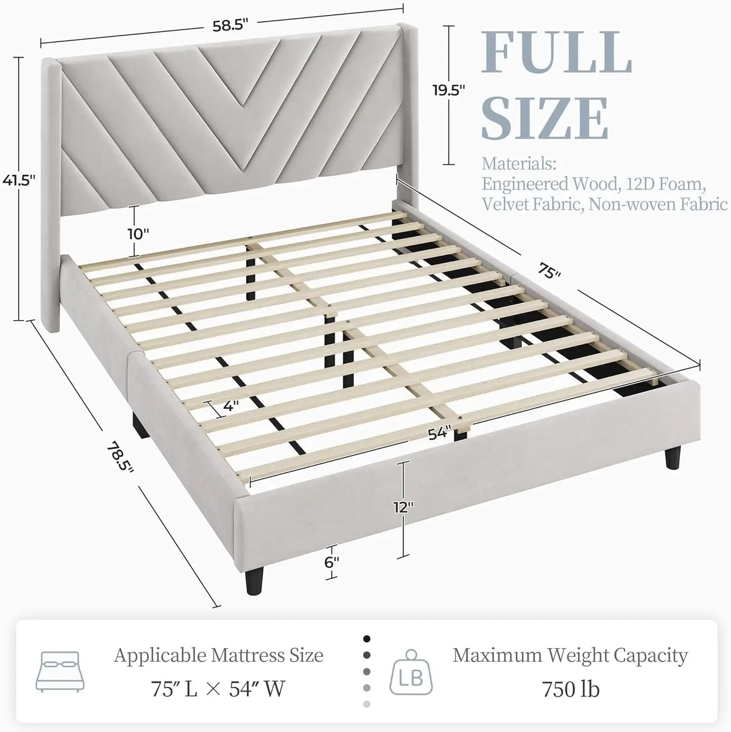 Upholstered Platform Bed with Wing Side