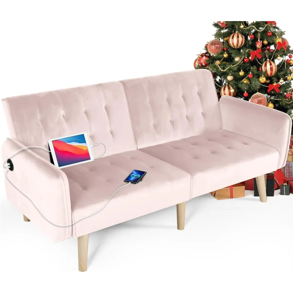 65“ Convertible Futon Sofa Bed w/ 2 USB