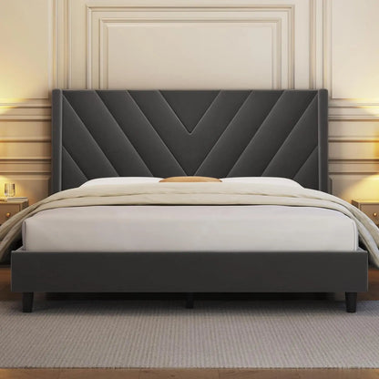 Upholstered Platform Bed with Wing Side