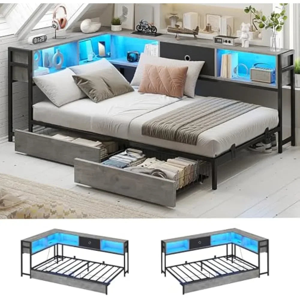 Modern Twin Bed with LED Light and Charging Station