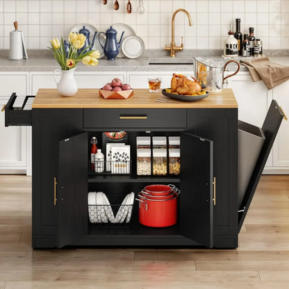 Rolling Kitchen Island with Trash Can