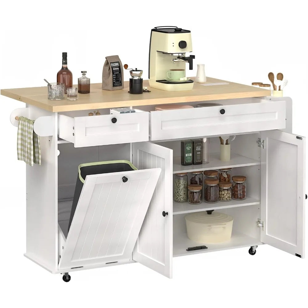 Kitchen Island with Power Outlet, Spice Rack, Towel Rack & Knife Holder