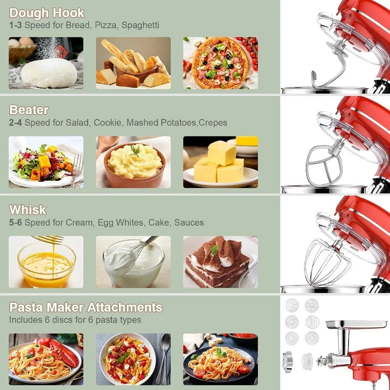 6 IN 1 Multifunctional Electric Kitchen Mixer with 6.5QT Stainless Steel Bowl, 1.5L Glass Jar, Meat Grinder