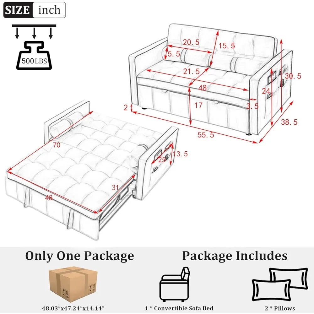 3 in 1 Pull Out Convertible Sofa Bed with USB Ports