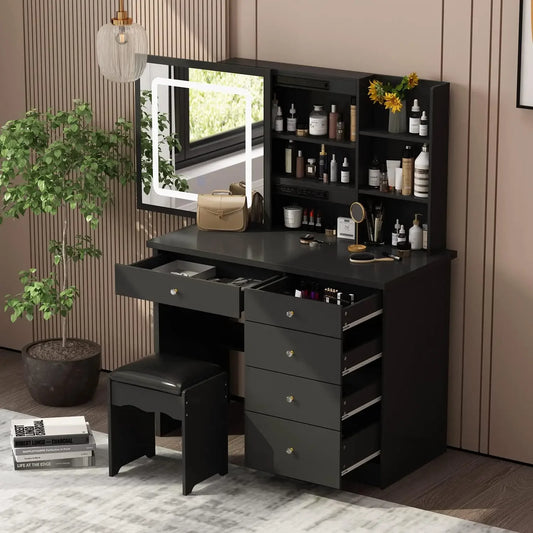 Vanity Desk Set with Lighted Sliding Mirror