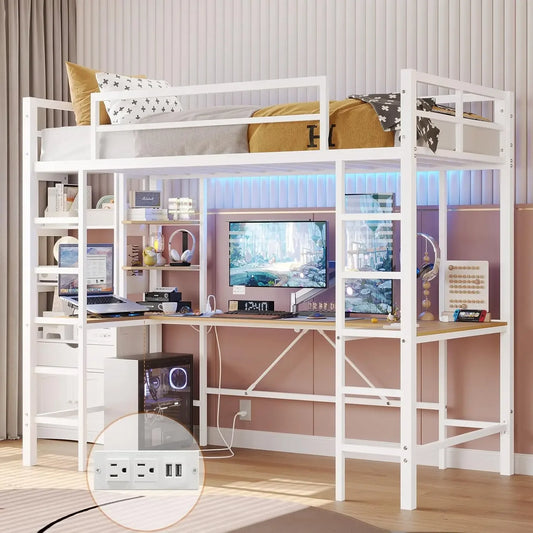 Loft Bed with Desk, Led Lights, Charging Station and Storage