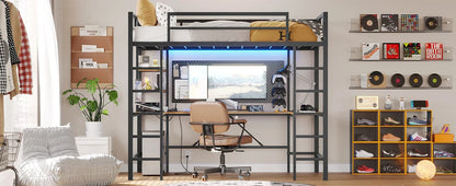 Loft Bed with Desk, Led Lights, Charging Station and Storage