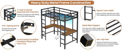 Loft Bed with Desk, Led Lights, Charging Station and Storage