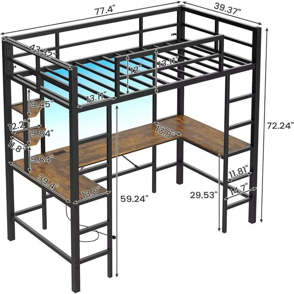 Loft Bed with Desk, Led Lights, Charging Station and Storage