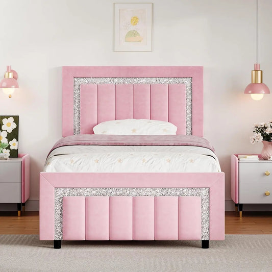 Pink Velvet Upholstered Bed Frame with Diamond Headboard and Footboard