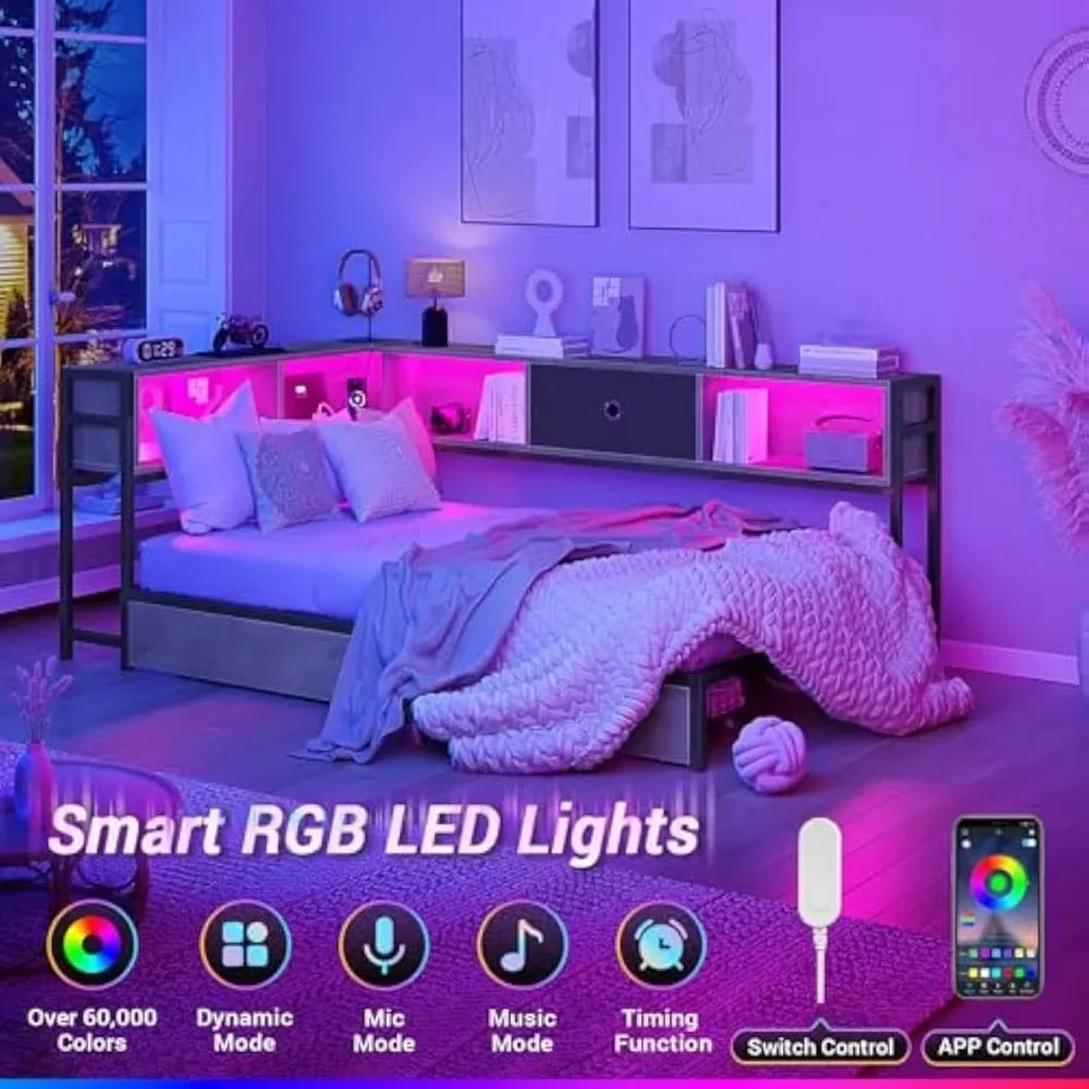 Modern Twin Bed with LED Light and Charging Station