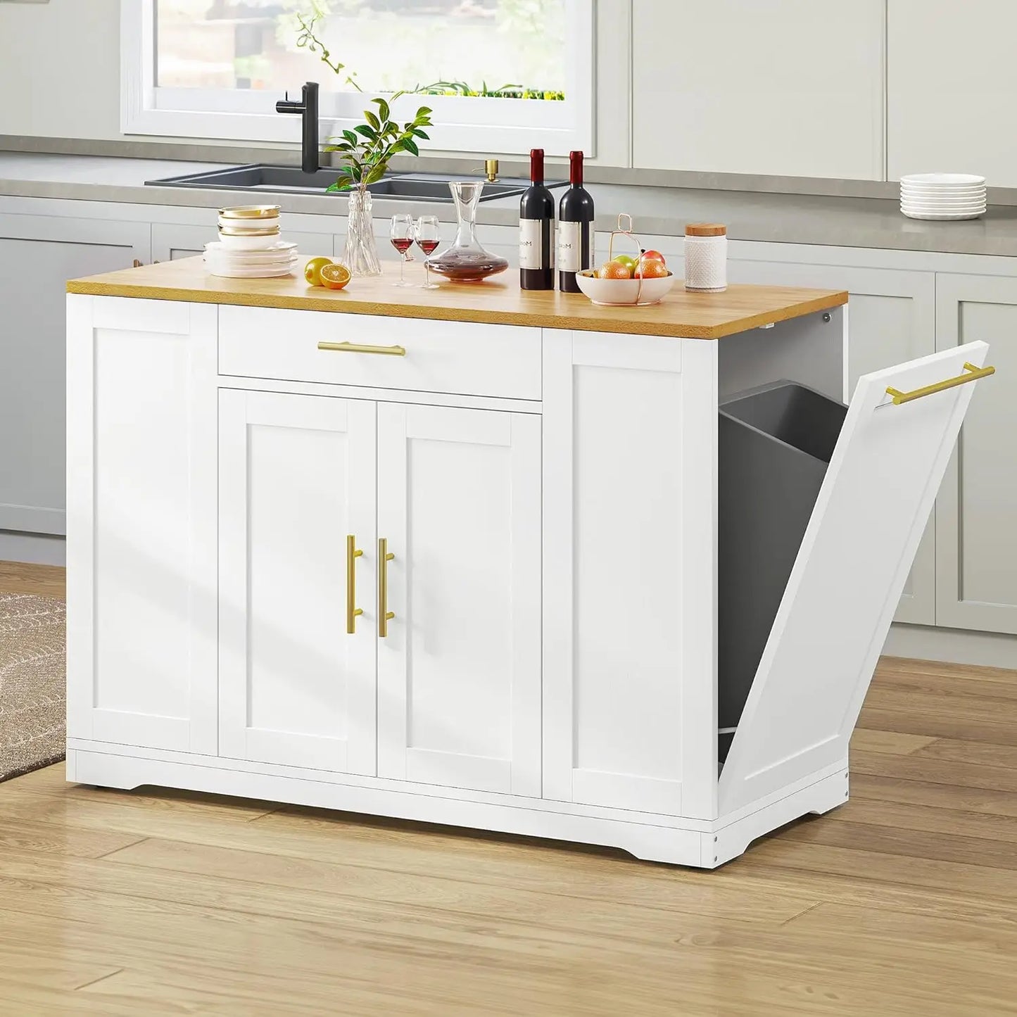 Rolling Kitchen Island with Trash Can