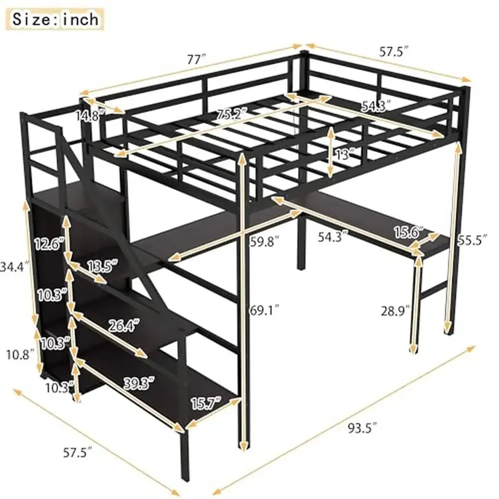 Loft Bed with L-Shaped Desk and LED Lights Charging Station