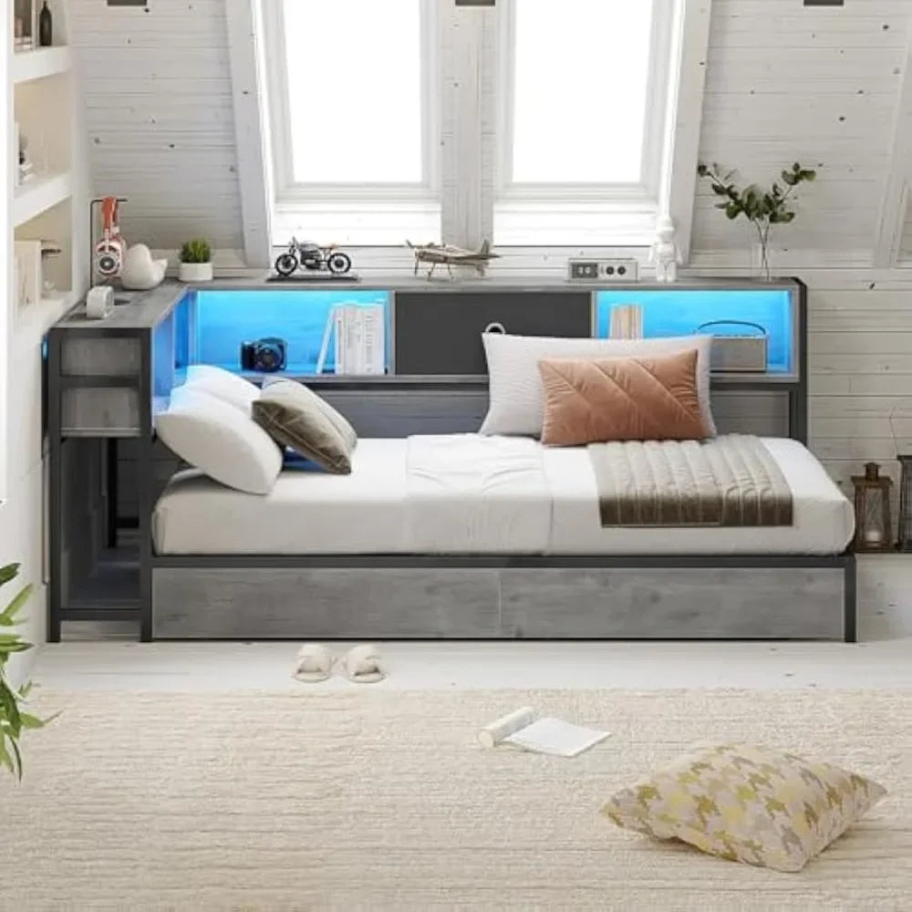 Modern Twin Bed with LED Light and Charging Station