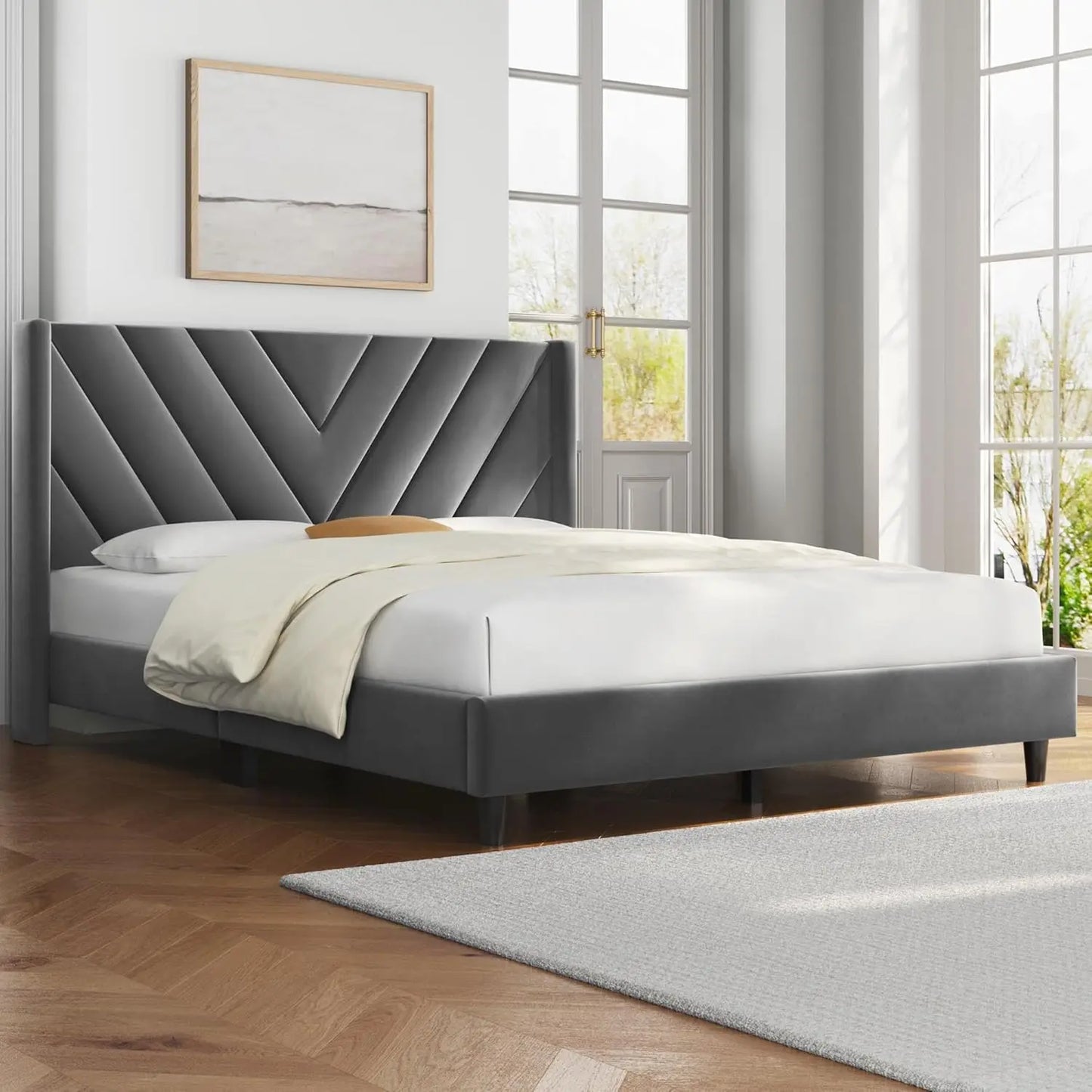 Upholstered Platform Bed with Wing Side