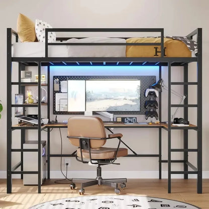 Loft Bed with Desk, Led Lights, Charging Station and Storage