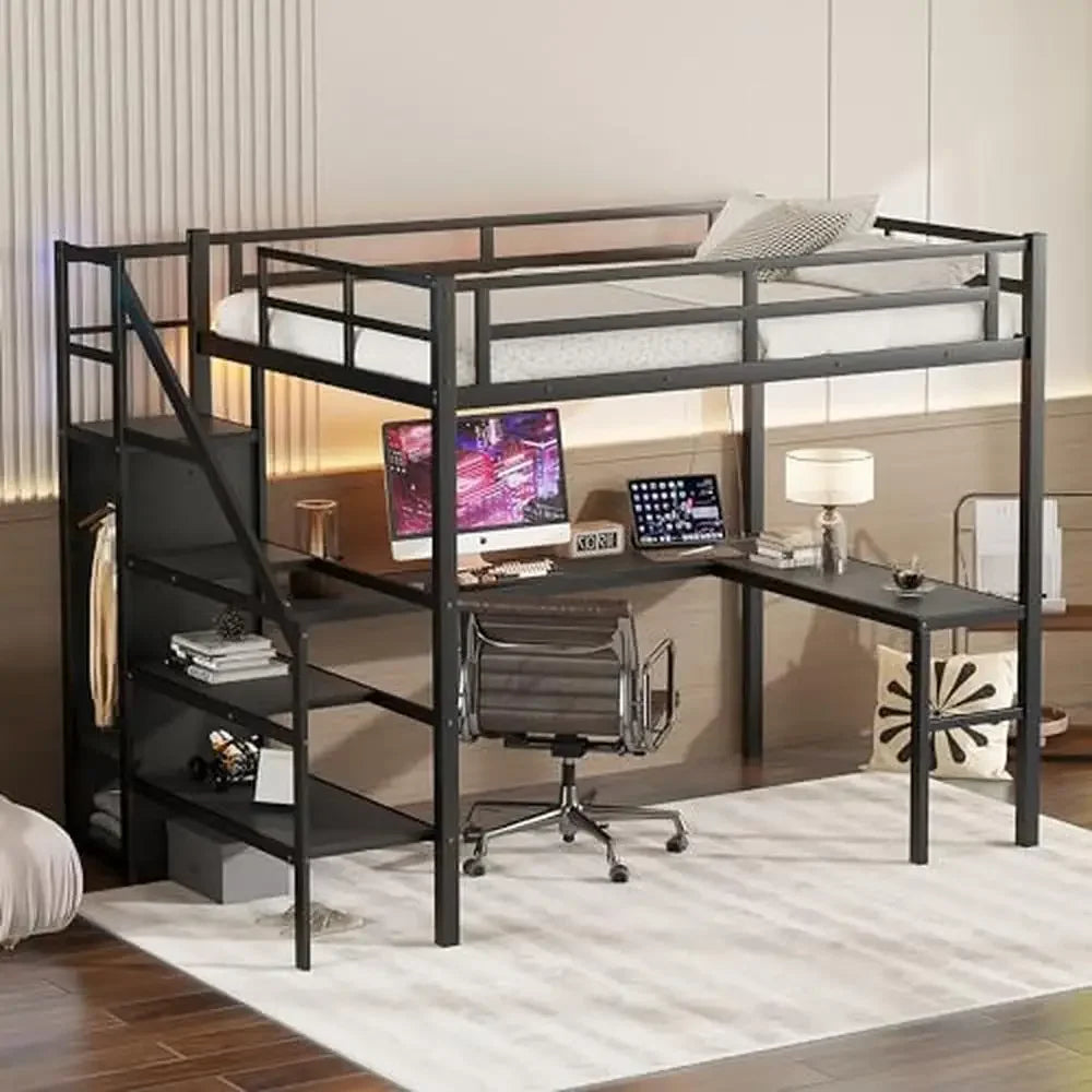 Loft Bed with L-Shaped Desk and LED Lights Charging Station