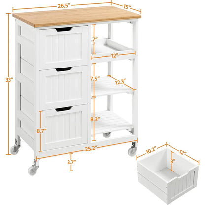 Kitchen Island Cart on Wheels with Bamboo Countertop