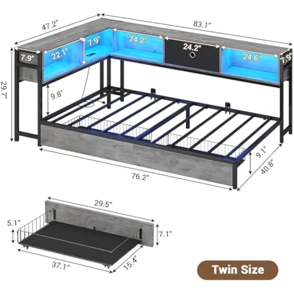 Modern Twin Bed with LED Light and Charging Station