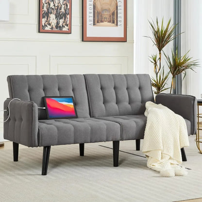 65“ Convertible Futon Sofa Bed w/ 2 USB