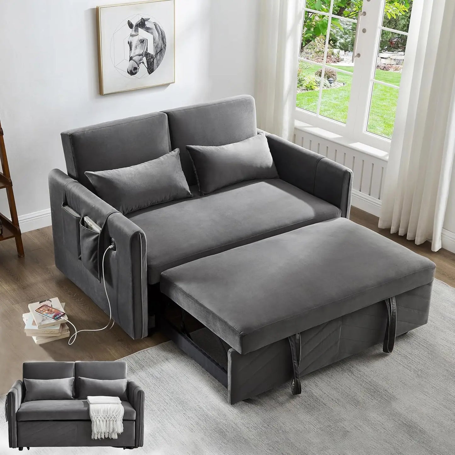 3 in 1 Pull Out Convertible Sofa Bed with USB Ports