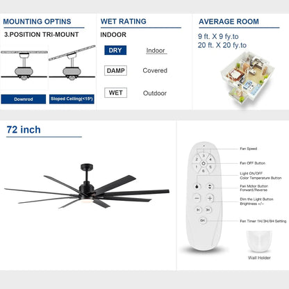 72 Inch Ceiling Fan with Light and Remote Control