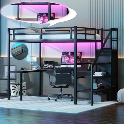 Loft Bed with L-Shaped Desk and LED Lights Charging Station