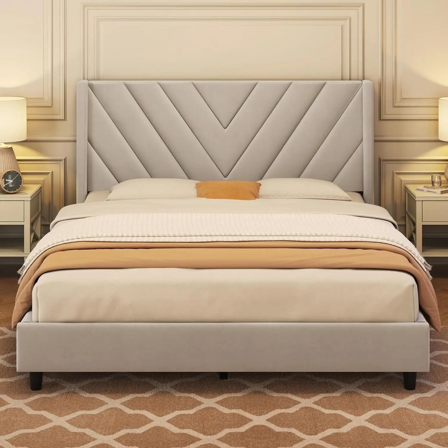 Upholstered Platform Bed with Wing Side