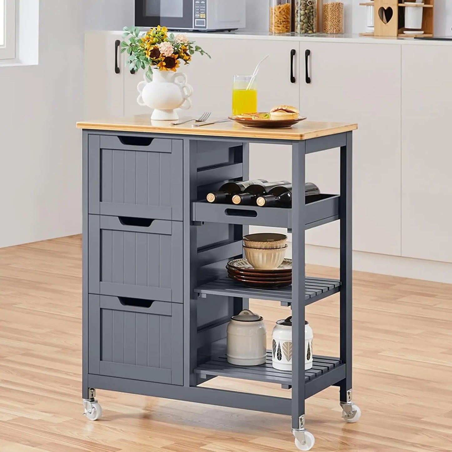 Kitchen Island Cart on Wheels with Bamboo Countertop