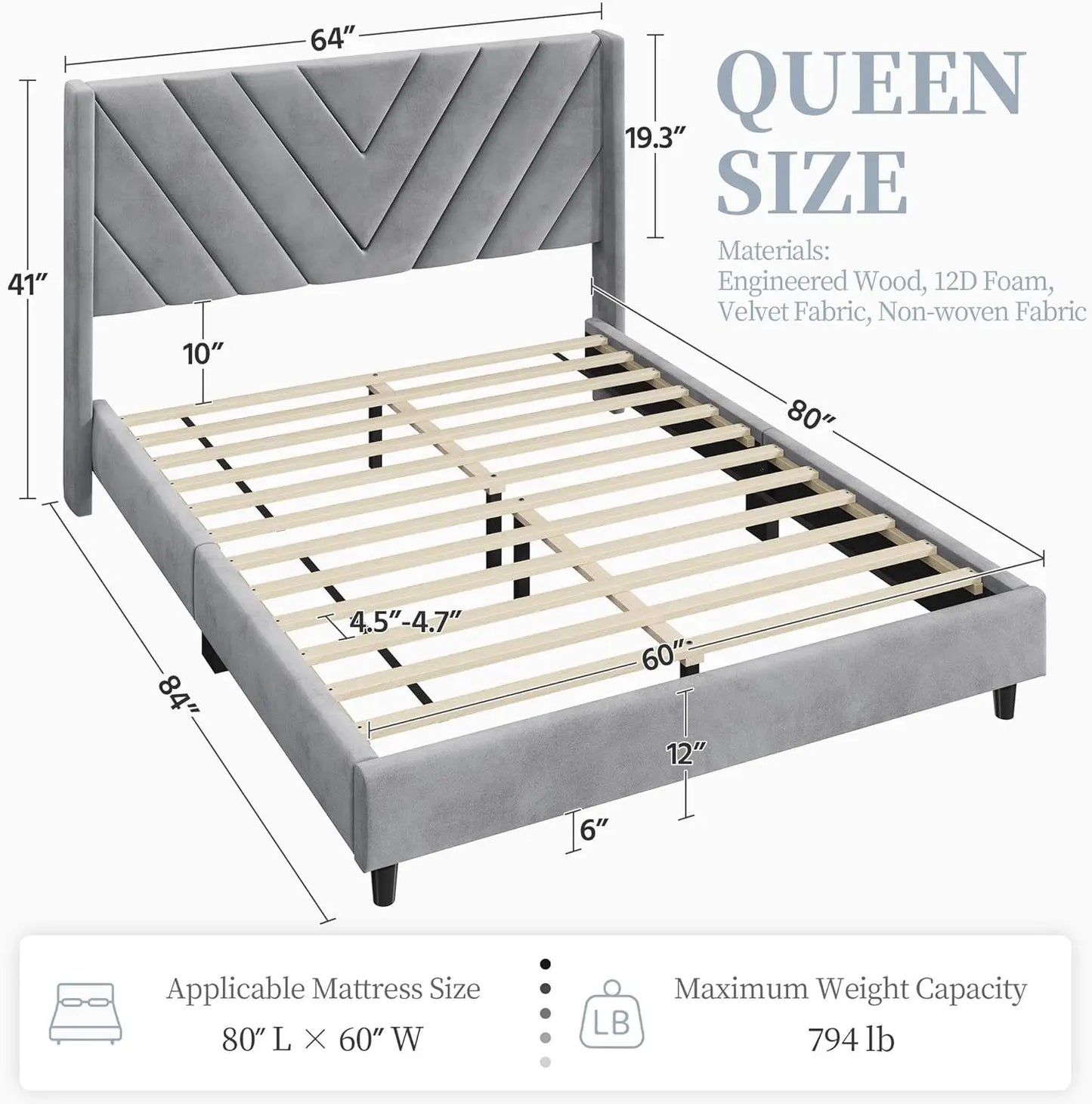 Upholstered Platform Bed with Wing Side