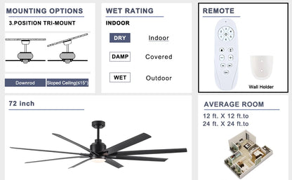 72 Inch Ceiling Fan with Light and Remote Control