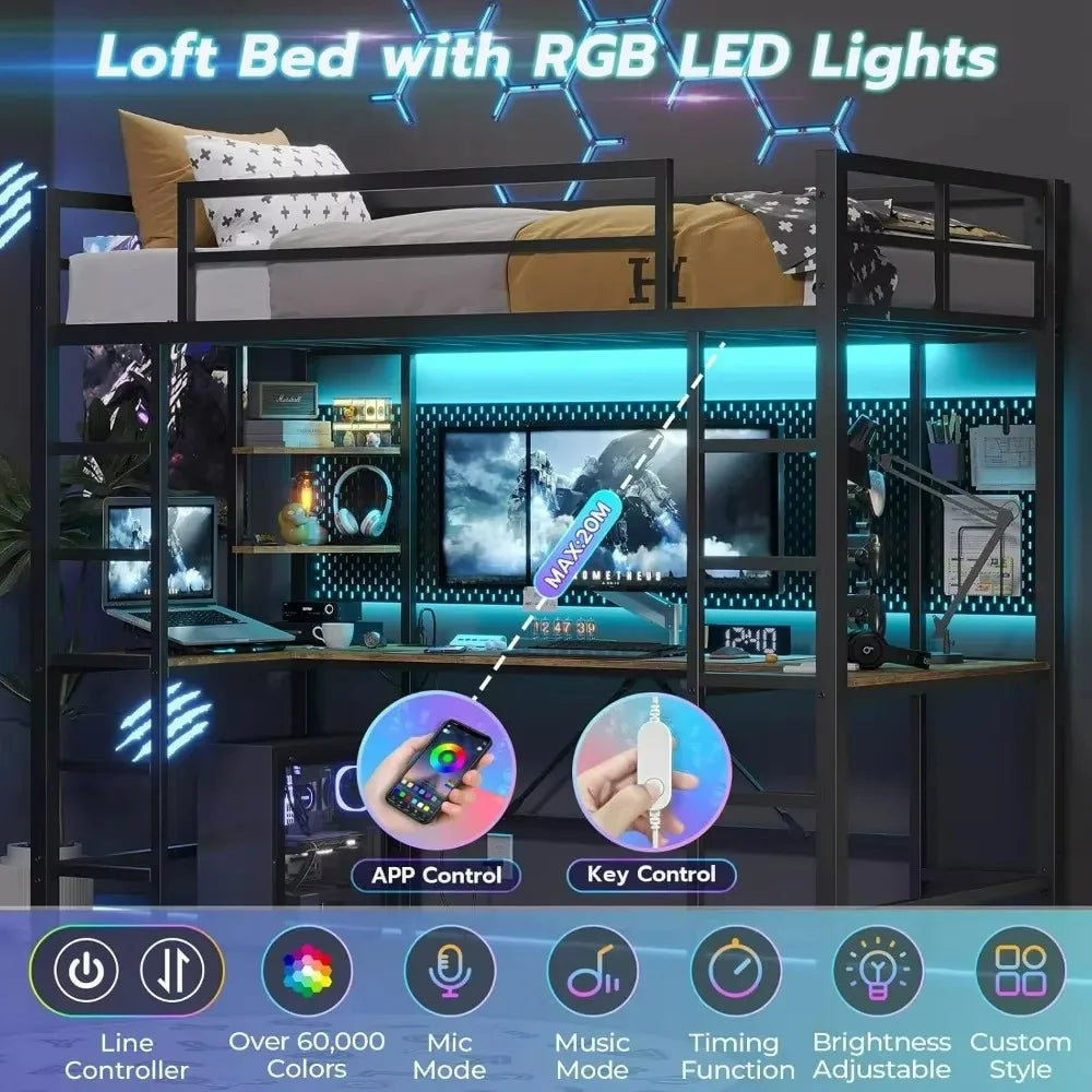 Loft Bed with Desk, Led Lights, Charging Station and Storage