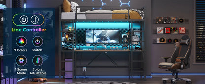 Loft Bed with Desk, Led Lights, Charging Station and Storage