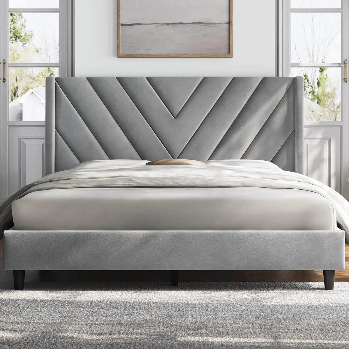 Upholstered Platform Bed with Wing Side