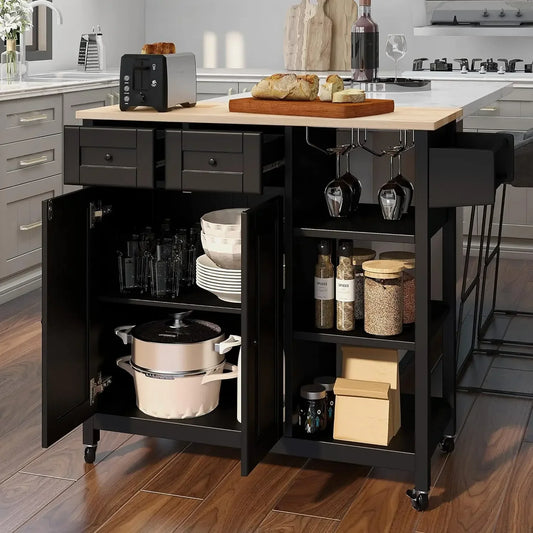 Kitchen Cart, Kitchen Carts with Cabinet & 3 Layer Shelves, Wood Counter top Mobile Storage Islands with Drawer and Two Doors